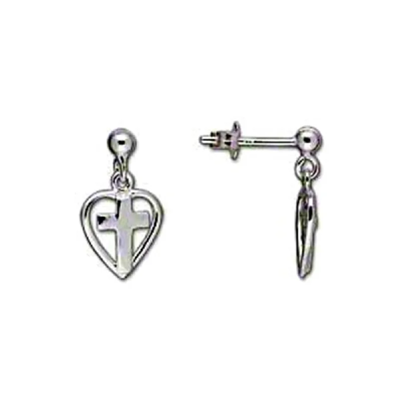 Shiny stud earrings-Heart with Cross Post Stud Dangle Earrings Sterling Silver