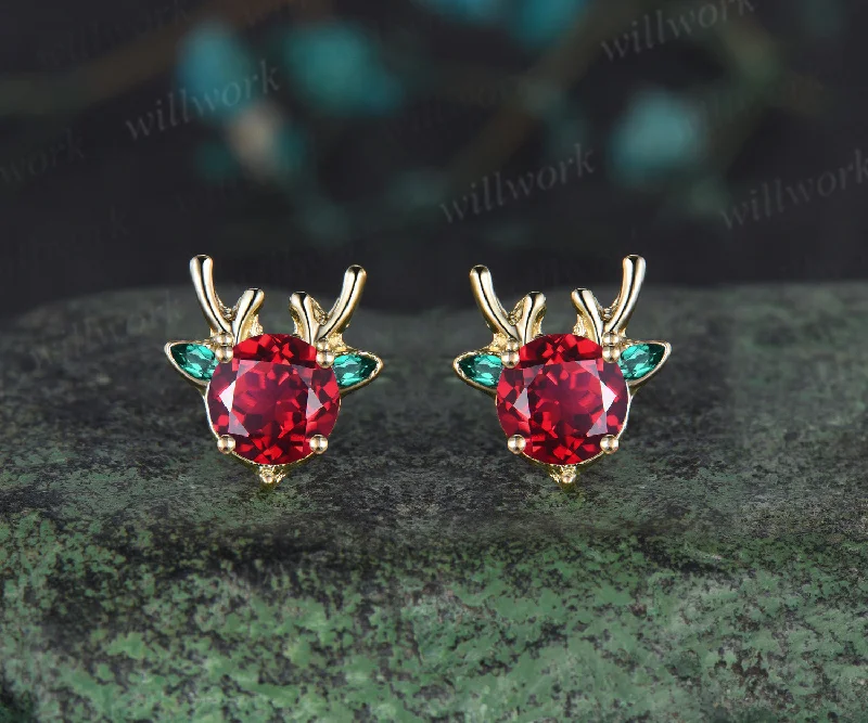 Hawk feather earrings-Christmas Deer Round Ruby Earrings 14k Yellow gold Emerald Earrings Jewelry Xmas Gift for Her