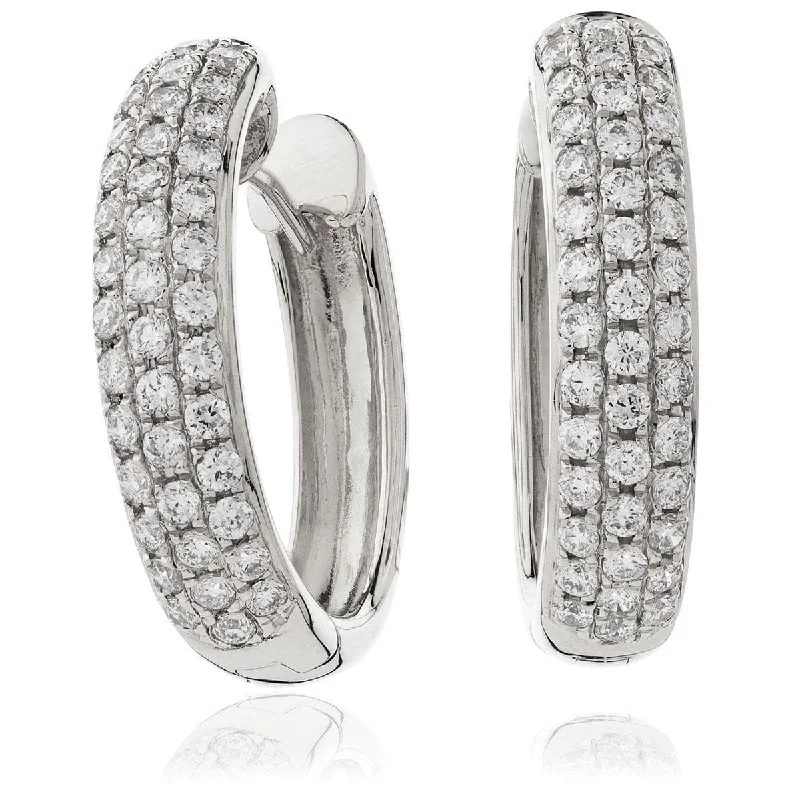 Sleek drop earrings-DIAMOND PAVE SETTING HOOP EARRINGS IN 18K WHITE GOLD