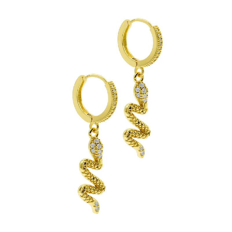 Twine bead earrings-14k Gold Plated Snake Dangle Huggie Hoop Earrings