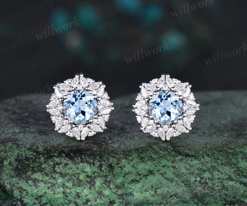 Wanderer weave earrings-Vintage round cut aquamarine Earrings women solid 14k white gold 8 prong double halo marquise moissanite Stud Earrings Anniversary Gift