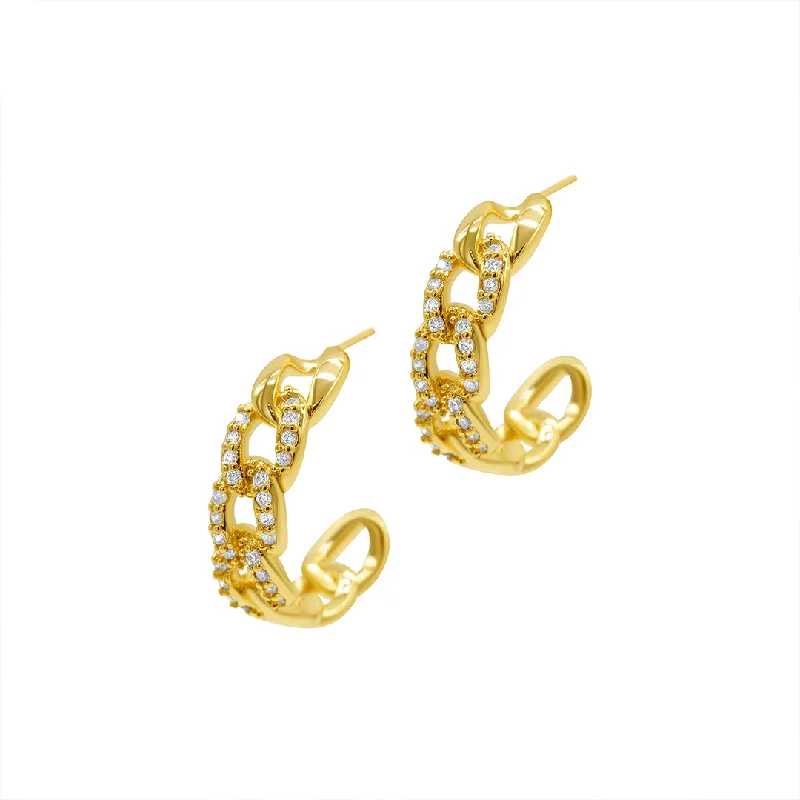 Hawk feather earrings-14k Gold Plated Curb Chain Crystal Huggie Hoop Earrings