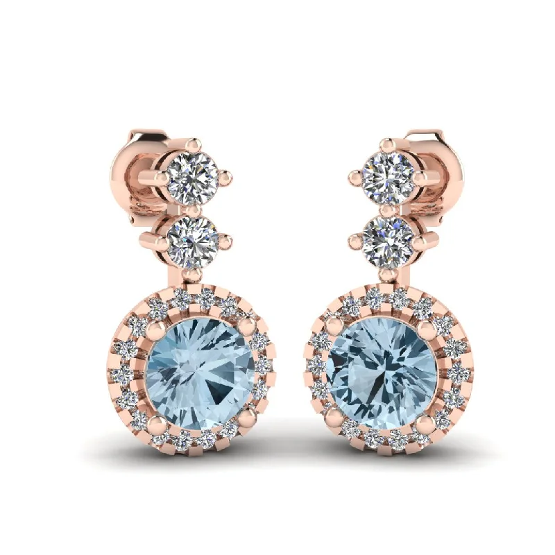 Sleek art earrings-Aquamarine 1.10 Carat Round Shape Halo Natural Diamond Drop Earrings E1RBA