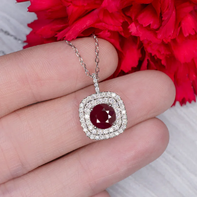 Layered chain necklaces-2ct NATURAL RUBY DIAMOND PENDANT DOUBLE HALO NECKLACE ROUND CUT CUSHION SHAPE