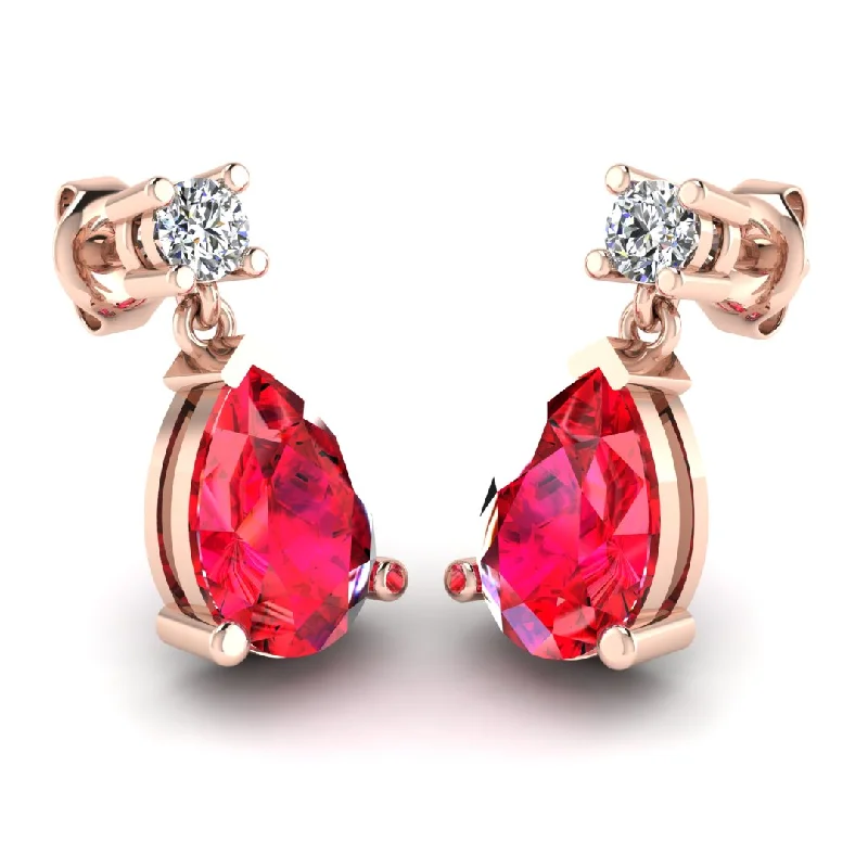 Overhand knot earrings-Pear Shape Ruby Natural Diamond Drop Earrings EDPSR