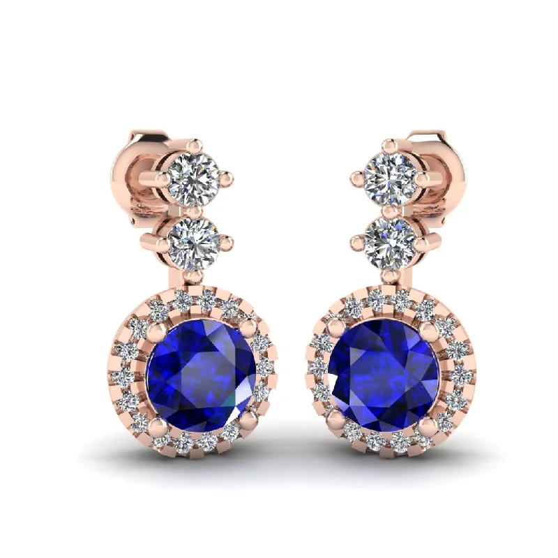 Rose motif earrings-Sapphire 1.10 Carat Round Shape Halo Natural Diamond Drop Earrings E1RBS