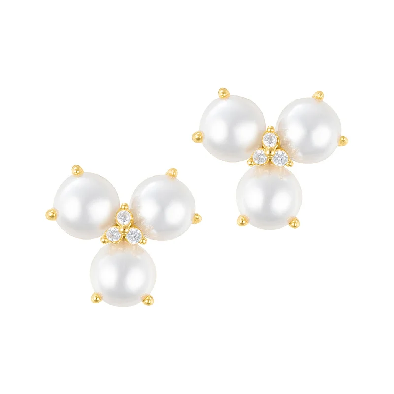 Gem-twisted earrings-14k Gold Plated 3-Point Freshwater Pearl Flower with CZ Earrings