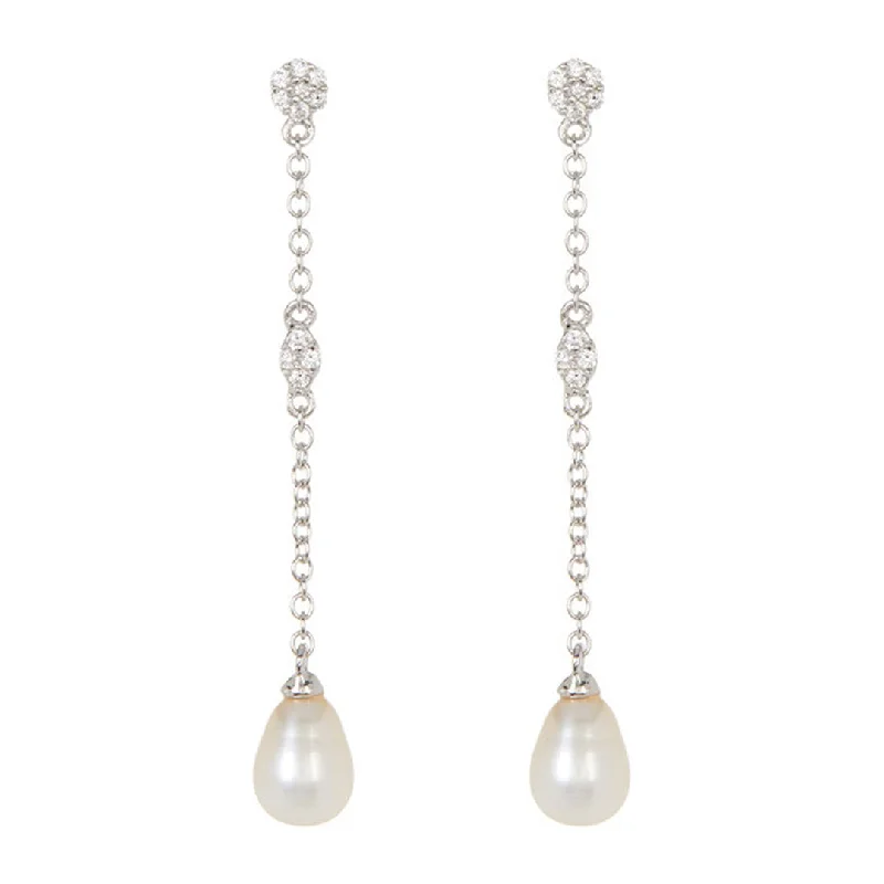 Bamboo style earrings-Rhodium Plated Freshwater Pearl Drop Earrings