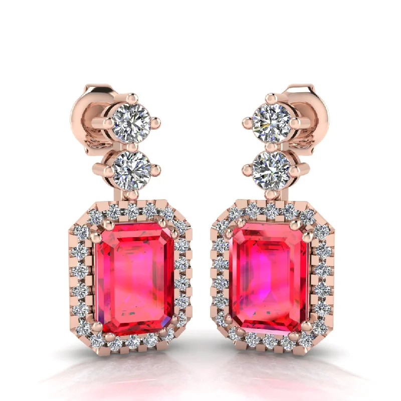 Light bead earrings-Emerald Cut 1 Carat Ruby Lab Grown Diamond Halo Drop Earrings E1ECR