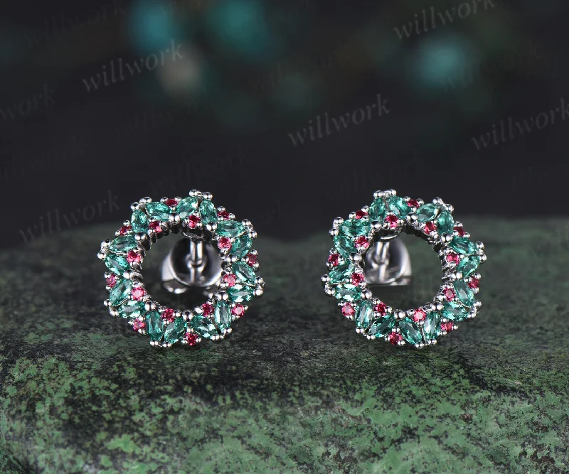 Shiny stud earrings-Marquise Emerald Moissanite Wreath Earrings Stud Ruby Earrings Christmas Gift For Her