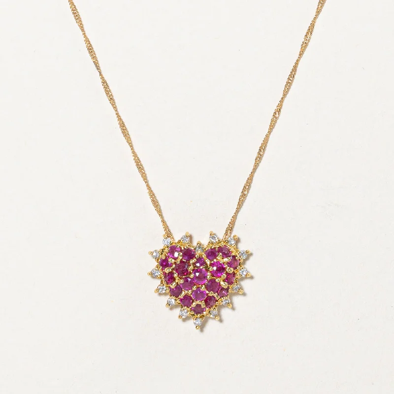 Snap clasp necklaces-Ruby & Diamond Heart Pendant Necklace | 1.00ctw, 0.18ctw | 16" |