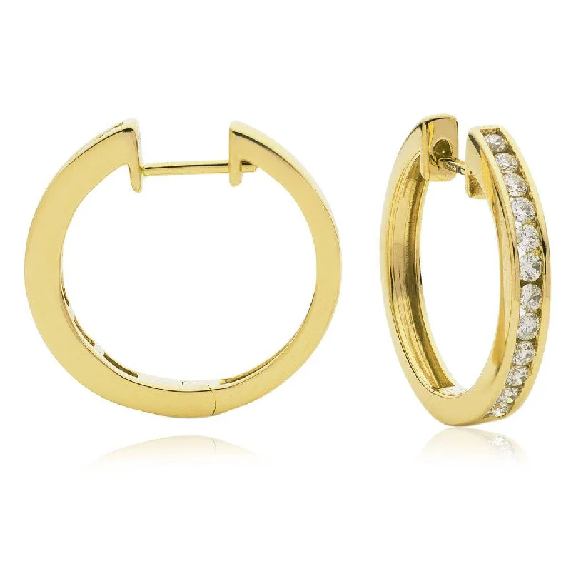 Rose motif earrings-DIAMOND CHANNEL SETTING HOOP EARRINGS IN 18K YELLOW GOLD