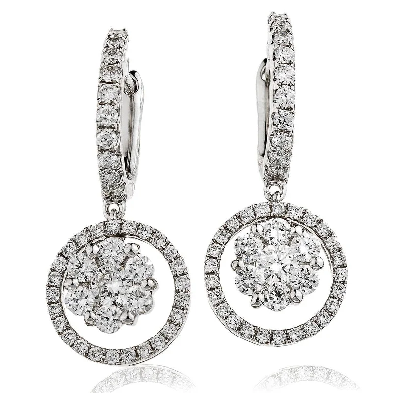 Smooth drop earrings-DIAMOND CLUSTER AND HALO HOOP DROP EARRING IN 18K WHITE GOLD