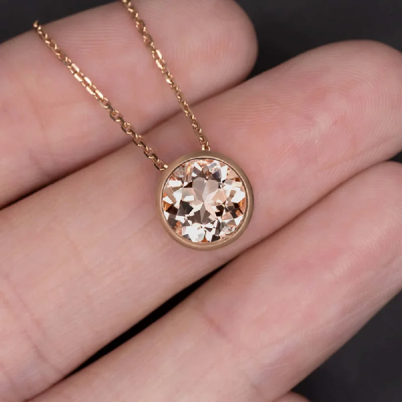 Yarn tassel necklaces-NATURAL MORGANITE PENDANT NECKLACE 8mm ROUND CUT 14k ROSE GOLD BEZEL PEACH PINK