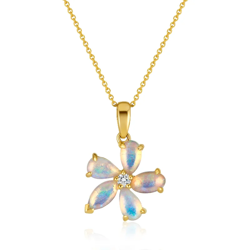 Vintage locket necklaces-Opal and Diamond Flower Shaped Necklace