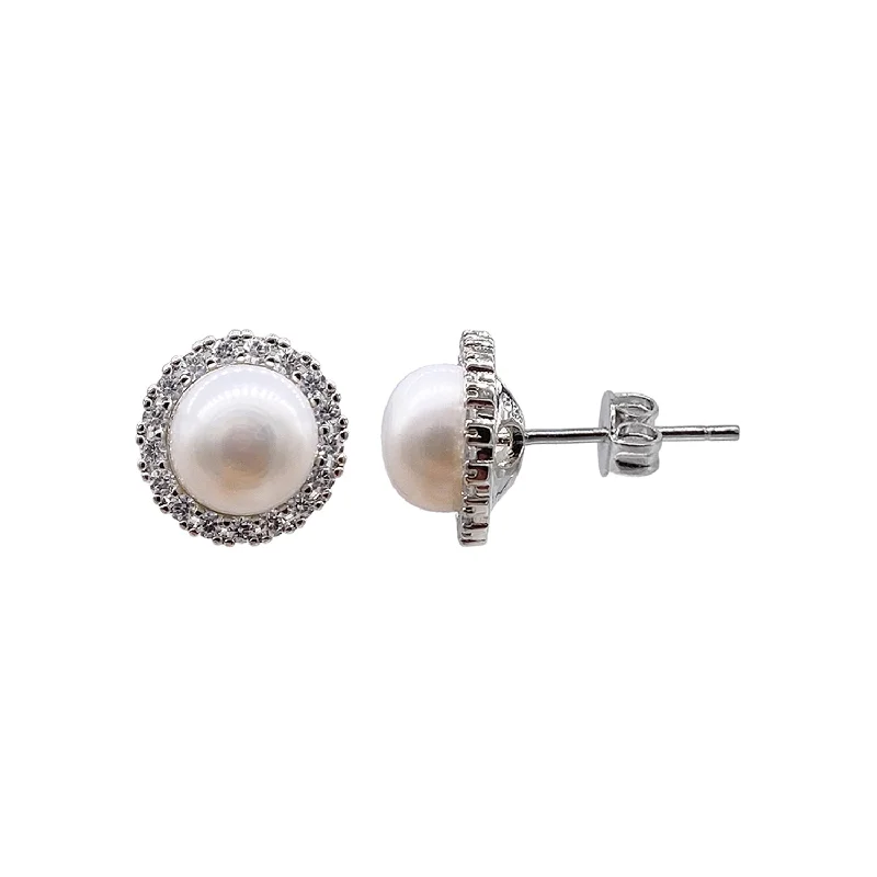 Cotton cord earrings-14k Gold Plated Halo Freshwater Pearl Crystal Studs