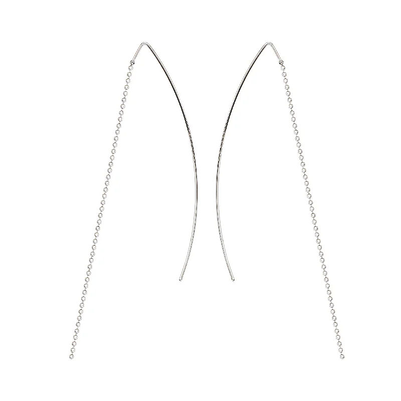 Fine pearl earrings-Threader Earrings Bead Chain with Curved Wire Rhodium on Sterling Silver