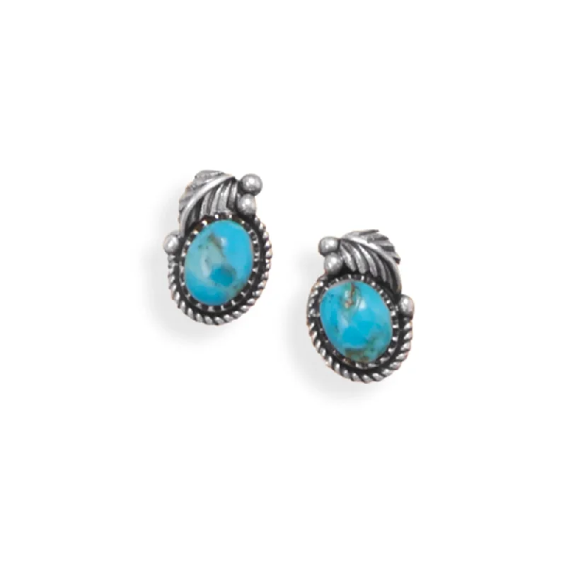 Bamboo style earrings-Reconstituted Turquoise Post Stud Earrings Oval with Leaf Design Sterling Silver