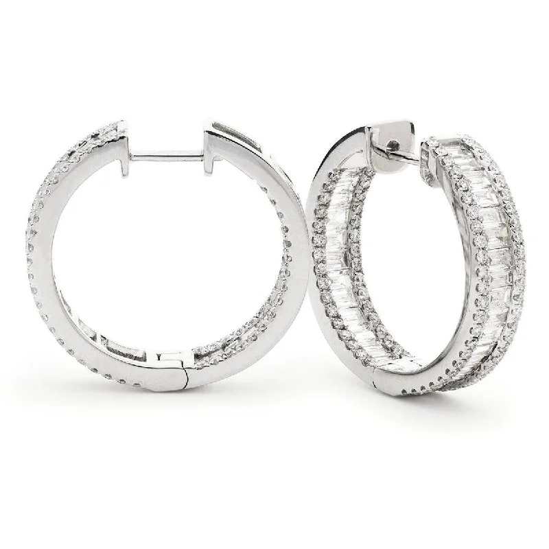 Soft drop earrings-ROUND AND BAGUETTE CUT DIAMOND HOOP EARRINGS IN 18K WHITE GOLD