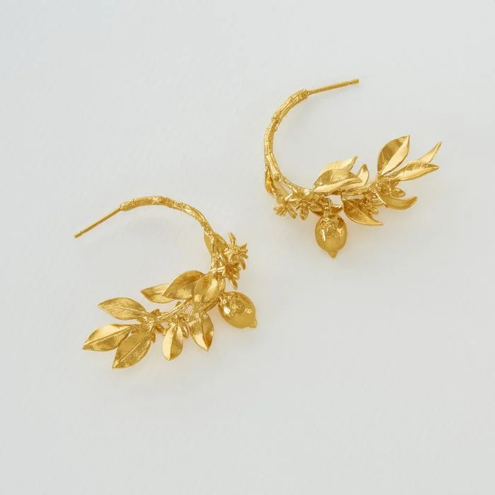 Flat medallion earrings-Lemon Blossom Branch Hoop Earrings with Hanging Lemons