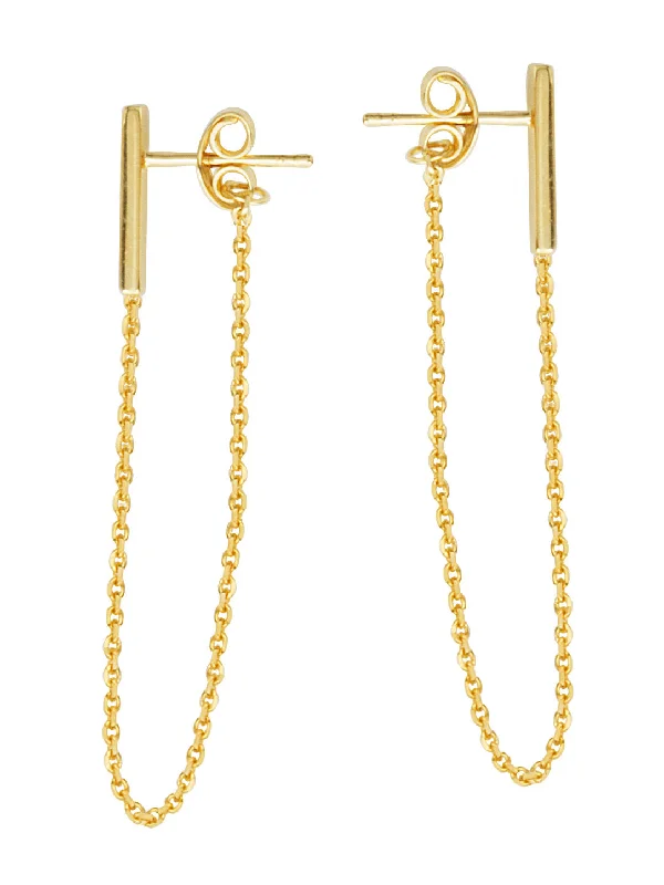 Tiered drop earrings-Front Back Chain Staple Bar Earrings 14k Yellow Gold