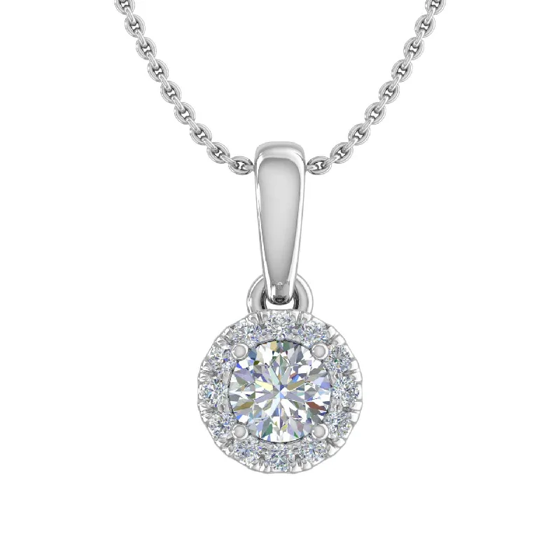 Snap clasp necklaces-1/4 Carat Diamond Halo Pendant Necklace in Gold (Silver Cable Chain) - IGI Certified