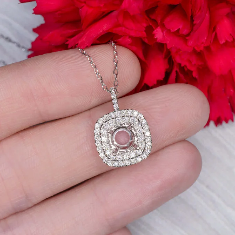 Retro medallion necklaces-DIAMOND PENDANT 7mm ROUND SETTING CUSHION SHAPE SEMI MOUNT DOUBLE HALO NECKLACE