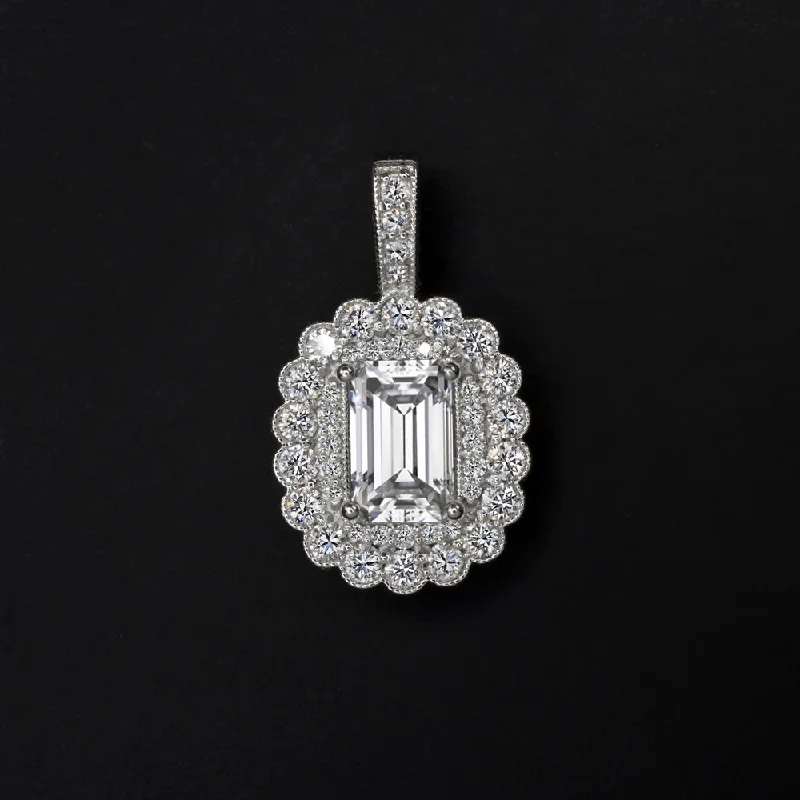 Leaf motif necklaces-1.20ct NATURAL DIAMOND PENDANT EMERALD CUT SCALLOPED DOUBLE HALO NECKLACE 14k