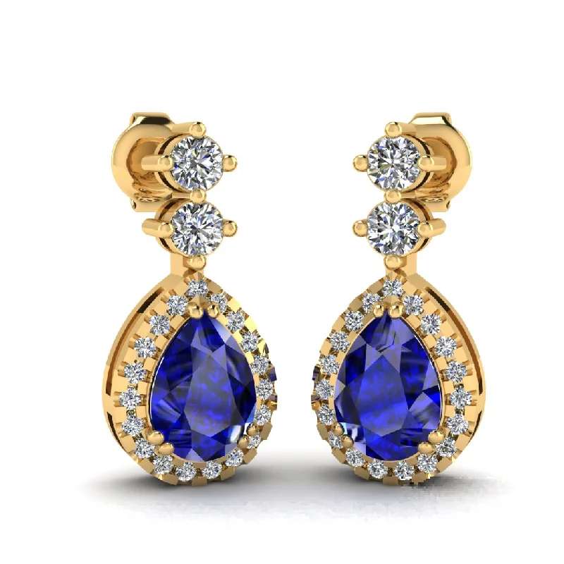 Sea motif earrings-Sapphire 1.30 Carat Pear Shape Halo Natural Diamond Drop Earrings E1PSS