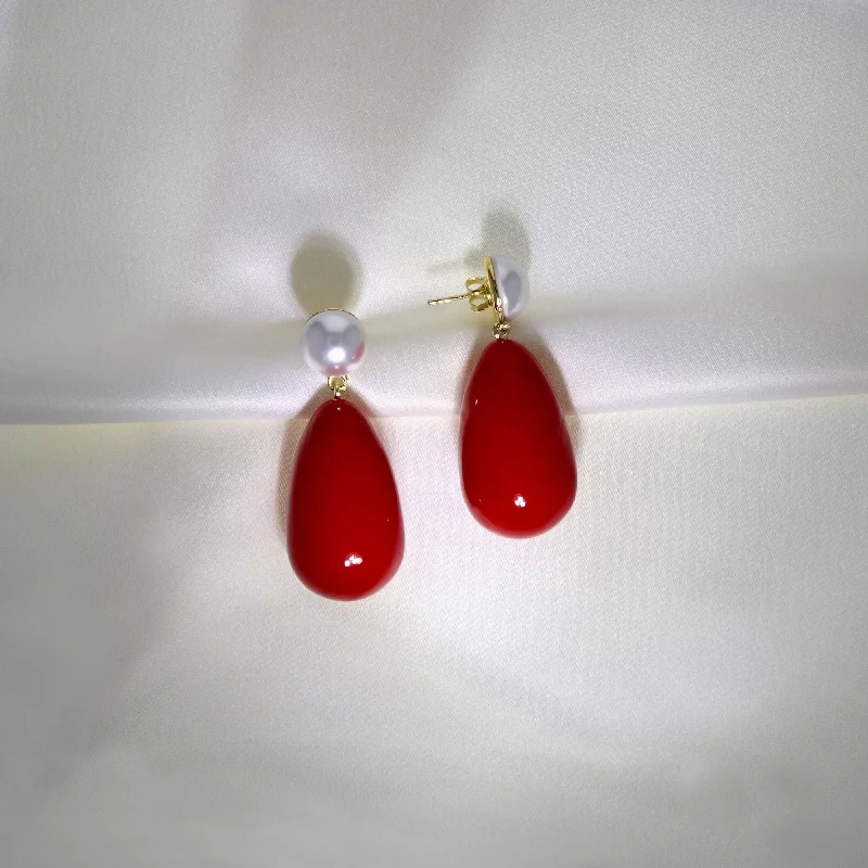 Drop Red & White Gold Plated Earrings w. Pearls