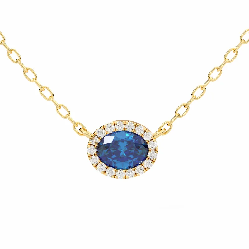 Mesh choker necklaces-Oval Sapphire with Diamond Halo Necklace