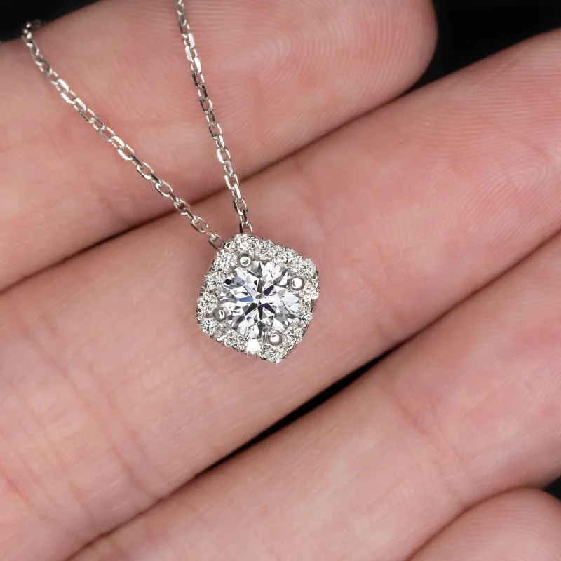 Overhand knot necklaces-LAB CREATED DIAMOND PENDANT EXCELLENT IDEAL ROUND CUT CUSHION HALO NECKLACE 14k