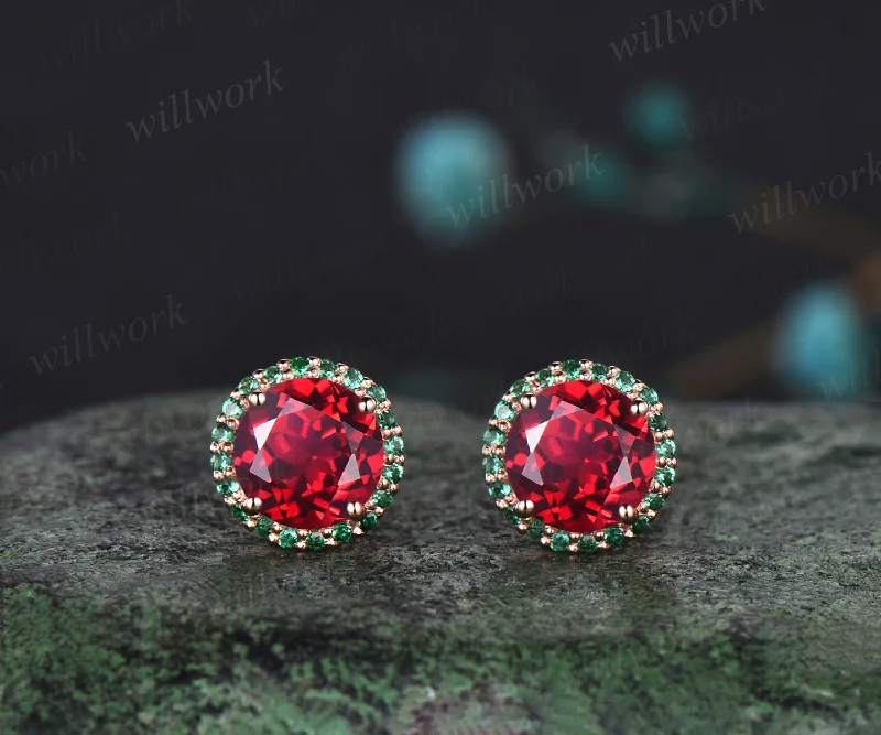 Fox wing earrings-WillWork Jewelry Ruby Round Cut Earrings Vintage halo Earrings emerald around Promise Earrings