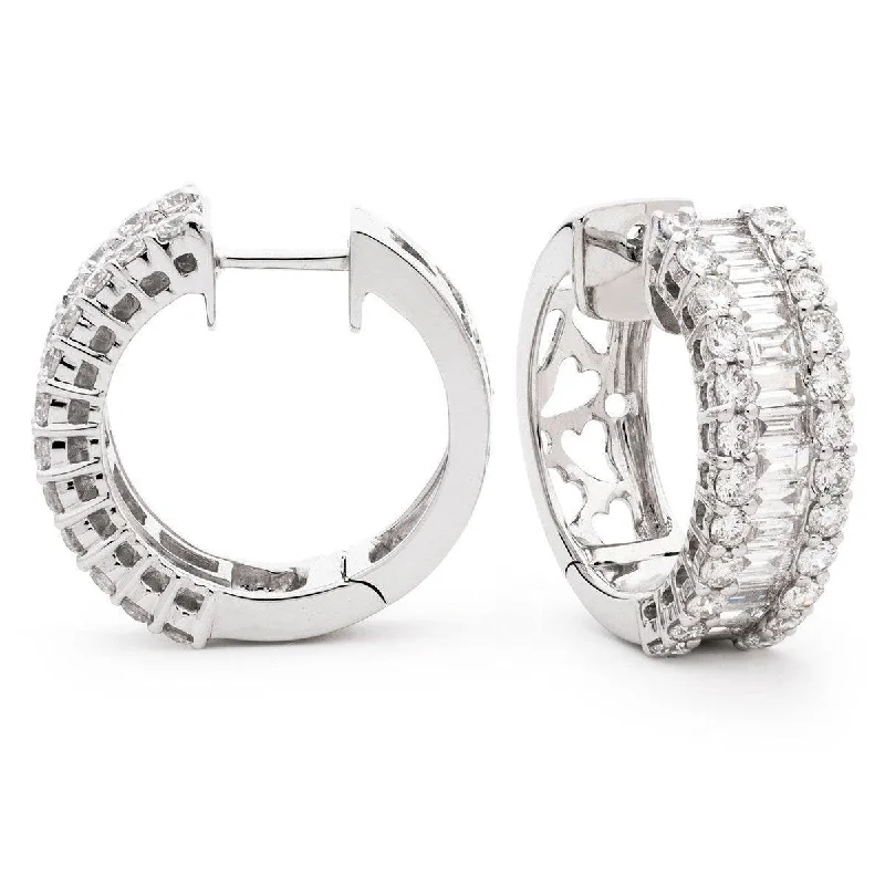 Baroque pearl earrings-BAGUETTE AND ROUND CUT DIAMOND HOOP EARRING IN 18K WHITE GOLD