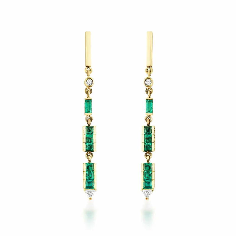 Artisia Bar 18K Gold Earrings w. Diamonds & Emeralds