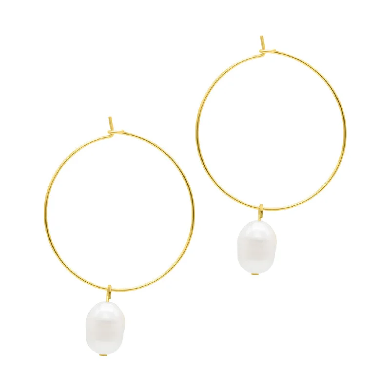 Cosmic glow earrings-14k Gold Plated Freshwater Pearl Wire 1.5" Hoop Earrings