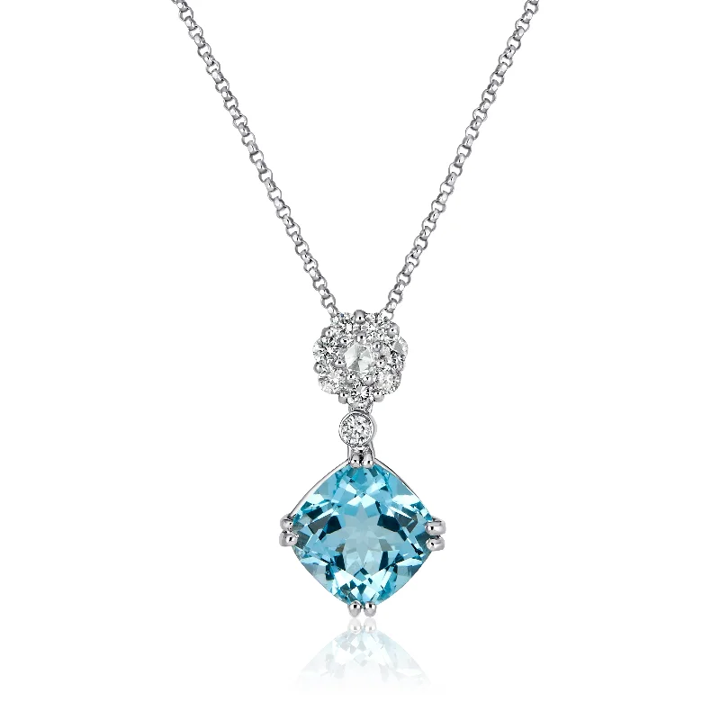 Twin birthstone necklaces-Gold Blue Topaz and Diamond Drop Style Necklace