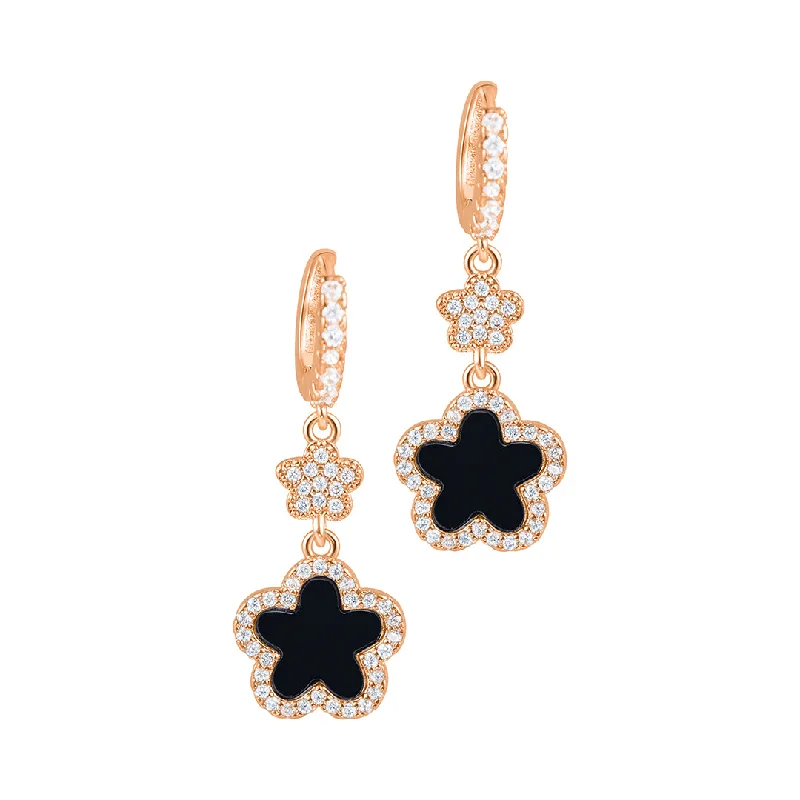 Tide design earrings-14k Rose Gold Plated Black CZ Clover Earrings