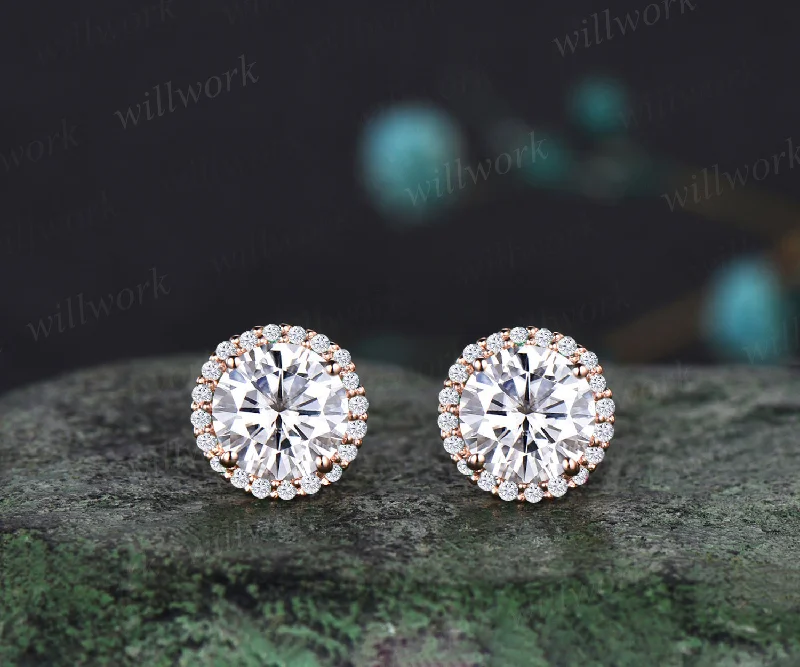 Sleek gem earrings-WillWork Jewelry Moissanite Round Cut Earrings Vintage halo Earrings Promise Earrings