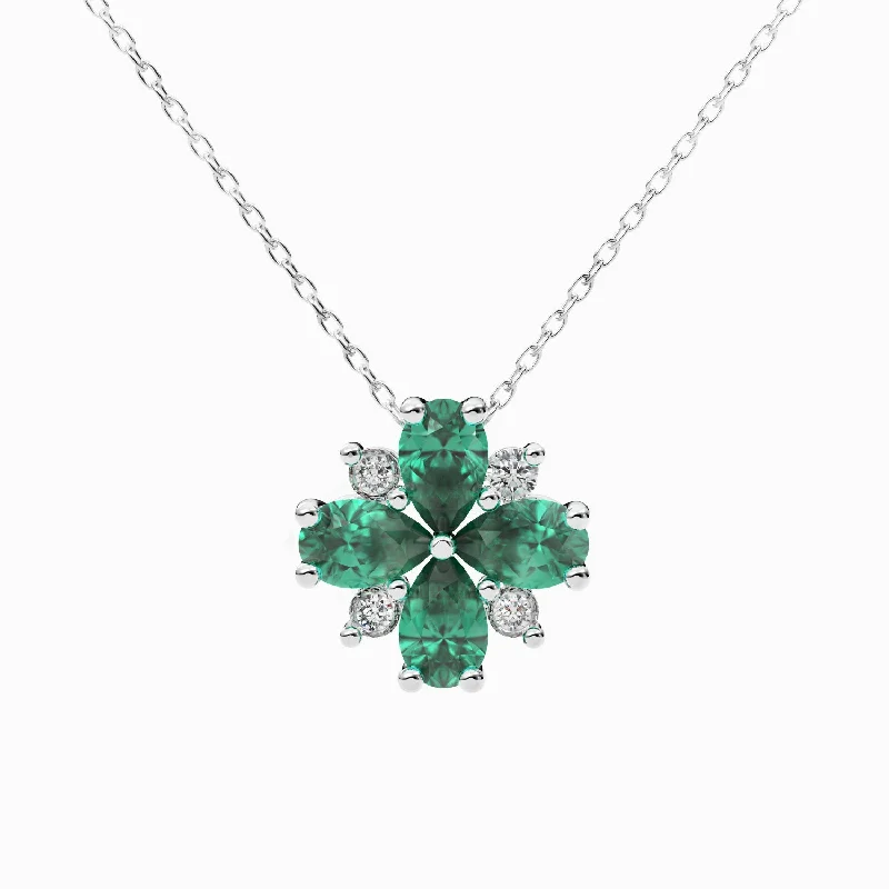 Zodiac charm necklaces-Emerald and Diamond Clover Style Necklace