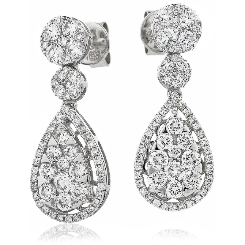 Aged brass earrings-DIAMOND CLUSTER DROP EARRINGS IN 18K WHITE GOLD