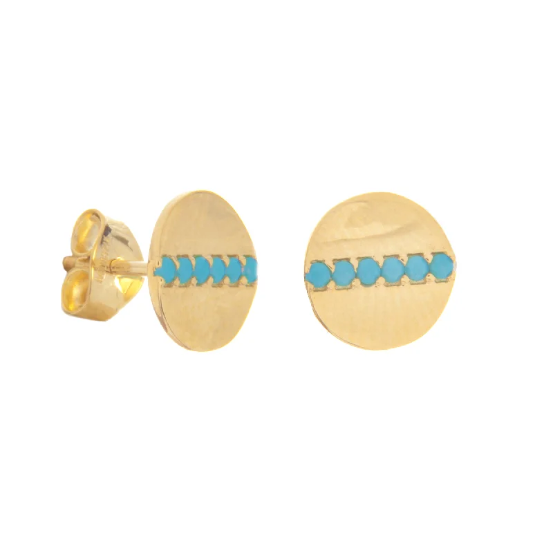 Gem-twisted earrings-14k Yellow Gold Disc Stud Earrings with Simulated Nano Turquoise