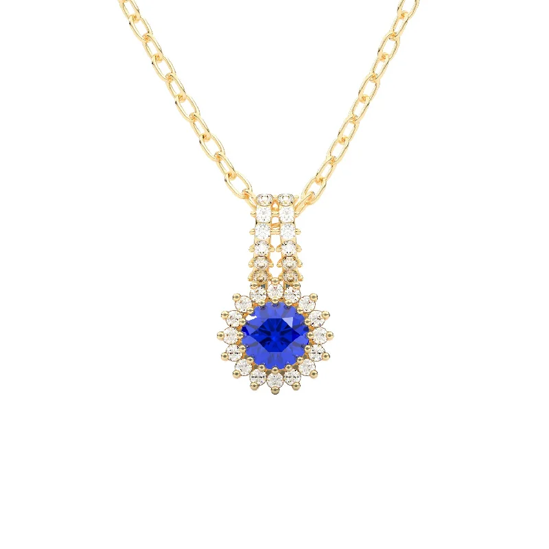 Tribal medallion necklaces-Round Tanzanite Drop Necklace wih Floral Diamond Halo