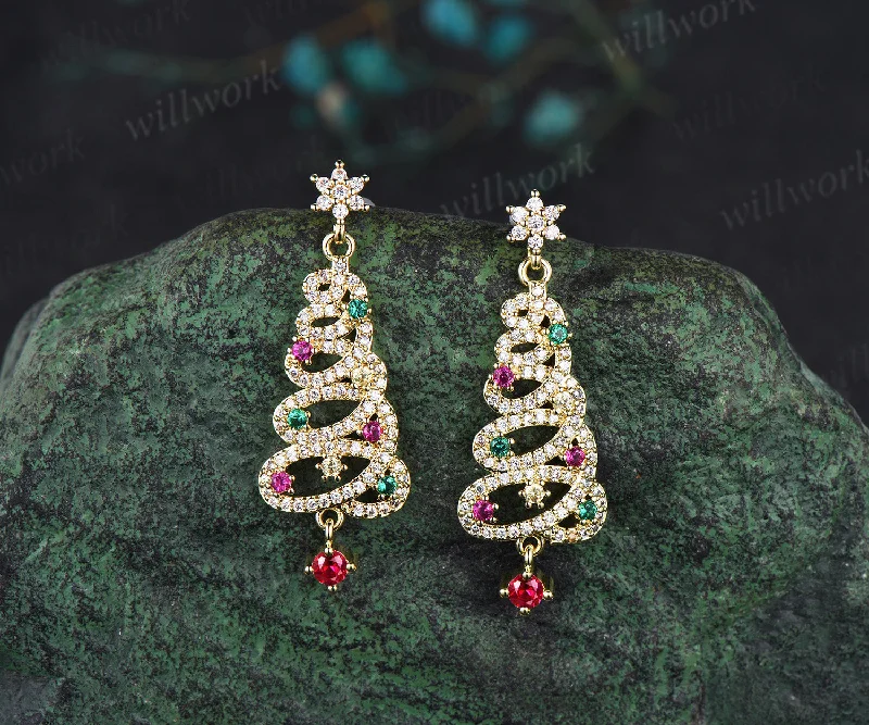 Rough texture earrings-Christmas Tree Earrings Round Ruby Emerald Earrings Pave Moissanie Jewelry Xmas Gift for Women