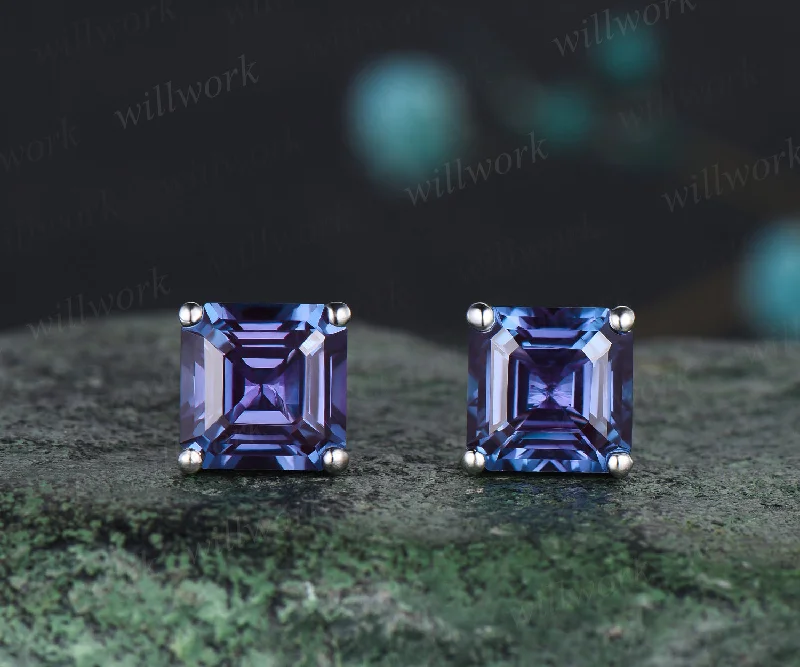 Soft clay earrings-Unique Asscher Cut June Birthstone Alexandrite Earrings Color Change Stone Stud Earrings Solitaire Pierced Earrings Birthday Gift