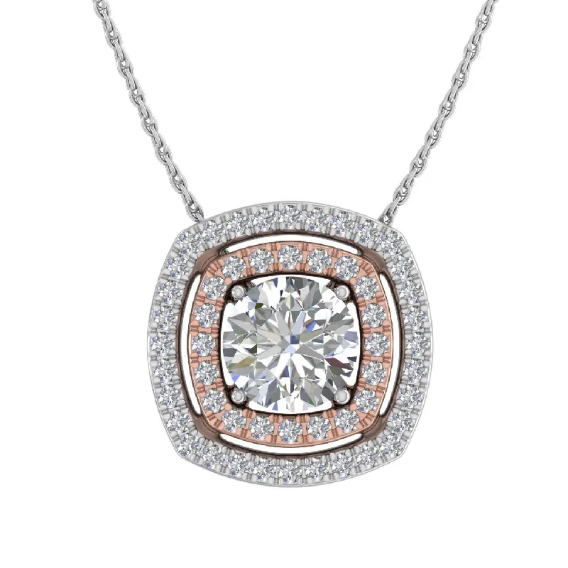 Vivid gem necklaces-1/2 Carat Diamond Cushion Shaped Halo Pendant Necklace in White Gold & Rose Gold - IGI Certified