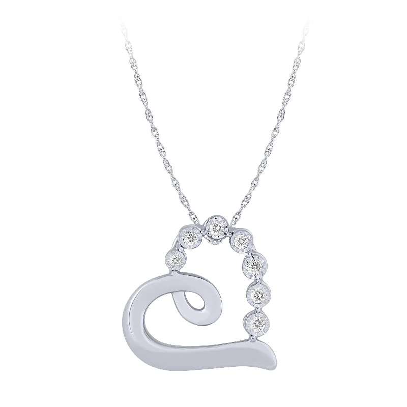 Raw woven necklaces-14K White Gold 1/20Ct Diamond Heart Pendant W/ 7 Diamonds