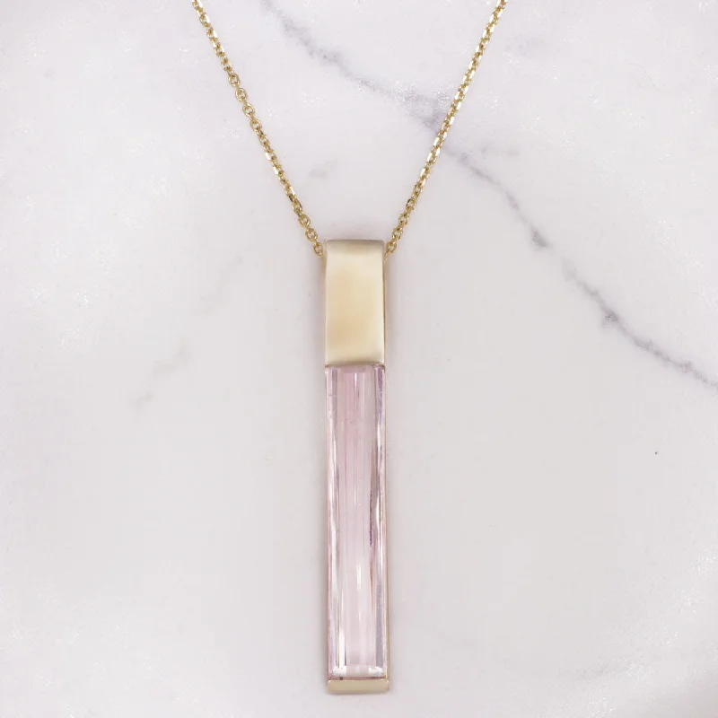 Crystal-twisted necklaces-NATURAL PINK TOURMALINE BAR NECKLACE 14k YELLOW GOLD PENDANT DROP DANGLE SLEEK