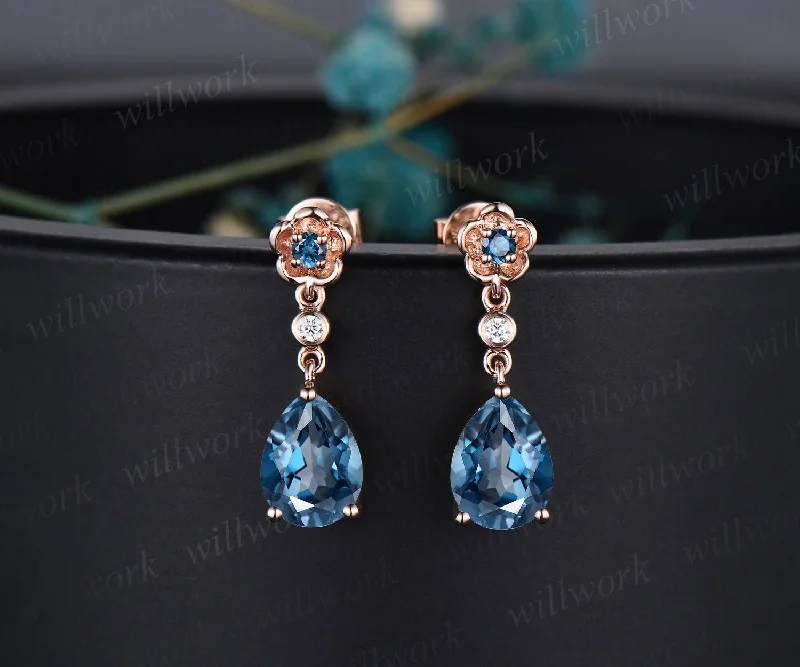 Braided cord earrings-Floral pear shaped London blue topaz earrings rose gold three stone bezel diamond flower drop earrings women anniversary gift her jewelry