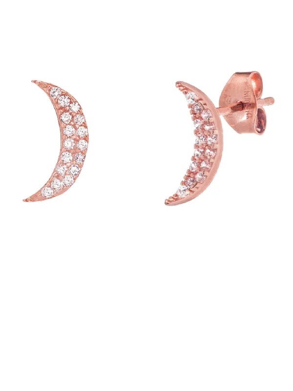 Bright druzy earrings-14k Rose Gold Crescent Moon Post Stud Earrings with Cubic Zirconia